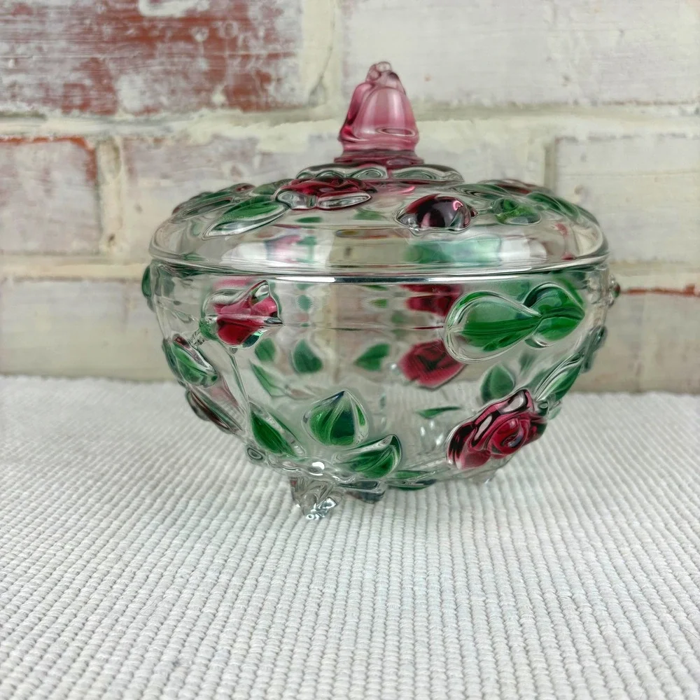 Vintage Mikasa Glass Rose Footed Covered Candy Dish Hand Painted Cottagecore